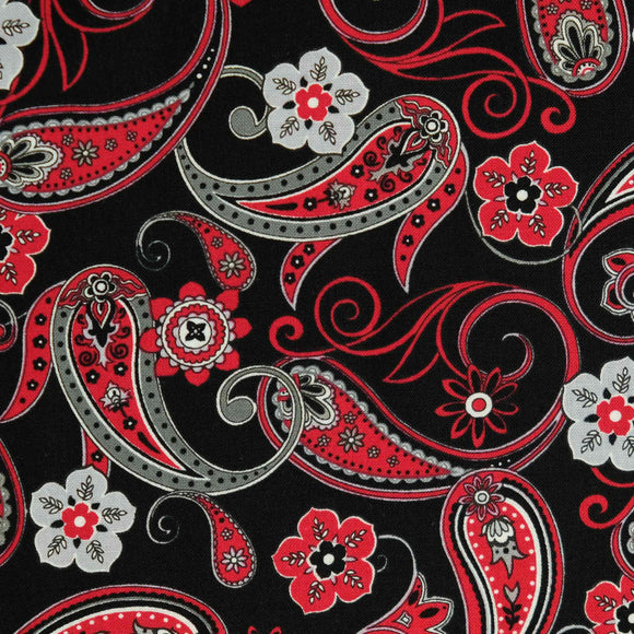 Henry Glass Fabrics - Black, White & Red-Hot 2444 Paisley Black