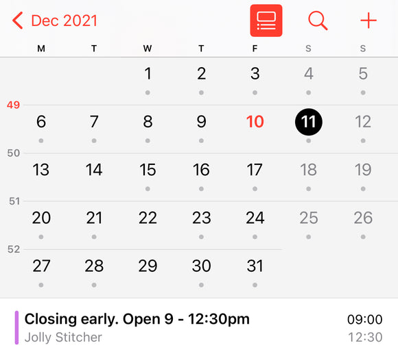 Sat 11 Dec 2021 closing early