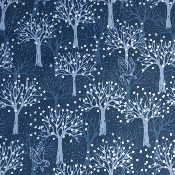 Lewis & Irene The Secret Winter Garden A660.3 Owl orchard on dark blue with pearl elements
