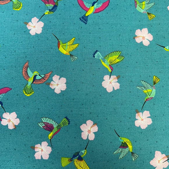 Lewis & Irene Hibiscus Hummingbird A597 3 Scattered Hummingbirds on Tropical Blue