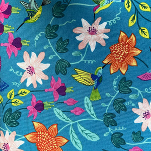 Lewis & Irene Hibiscus Hummingbird A593 2 Hummingbird Large Floral on Tropical Blue